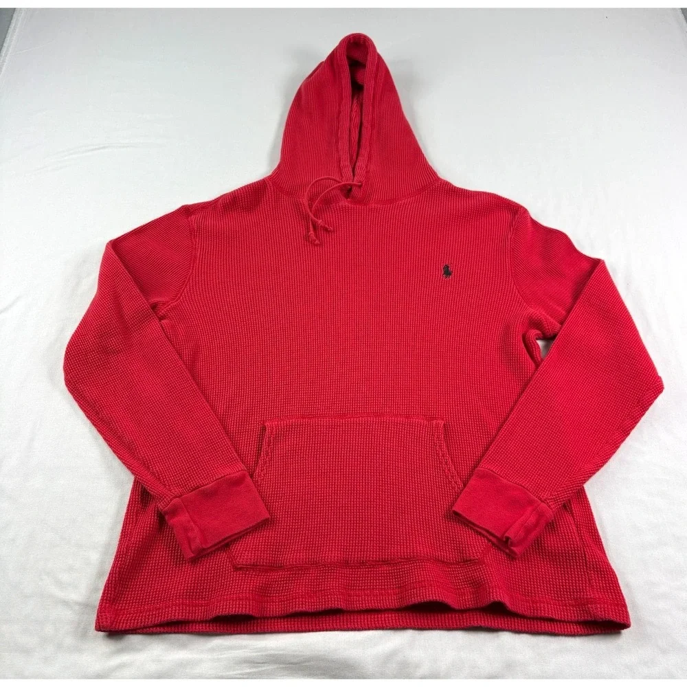 Polo Ralph Lauren Hoodie Mens Large Red Thermal‎ Waffle Knit Pullover Slim Fit